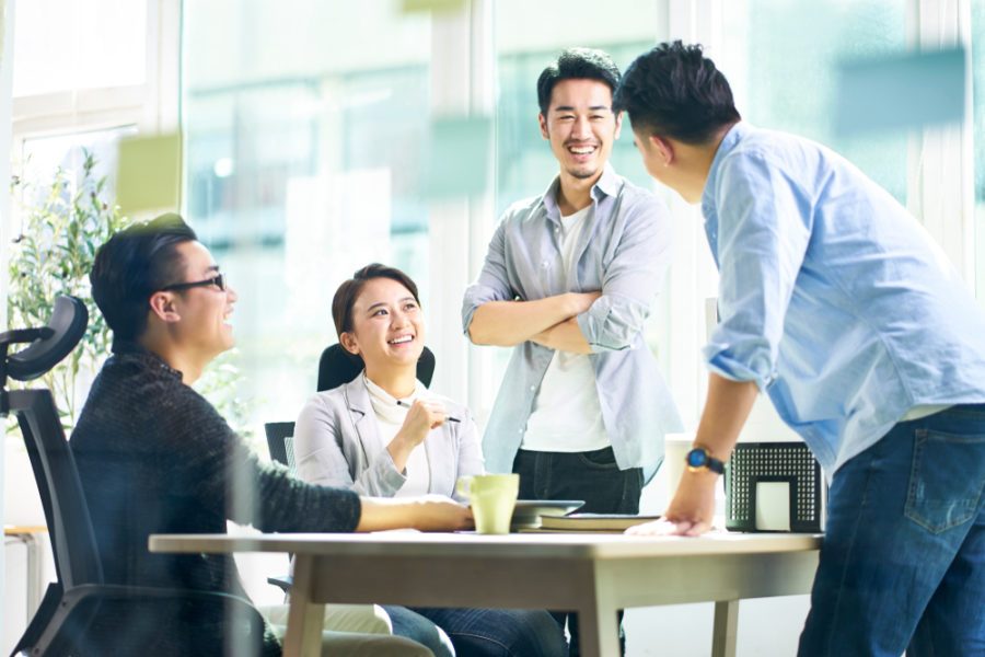 Group,Of,Four,Happy,Young,Asian,Corporate,People,Teammates,Meeting group of people with good teamwork